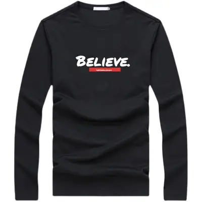 Men White Long Sleeve T-Shirt with "BELIEVE" Print