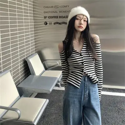 Korean Style Striped V-Neck Long Sleeve Cardigan Women