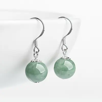 Green Jade Bean Earrings S925 Silver Inlay
