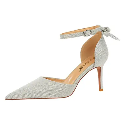 Silver Glitter Bow Sandals for Women High Heel