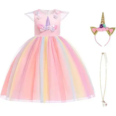 Children Rainbow Unicorn Gauze Dress Macaron Color