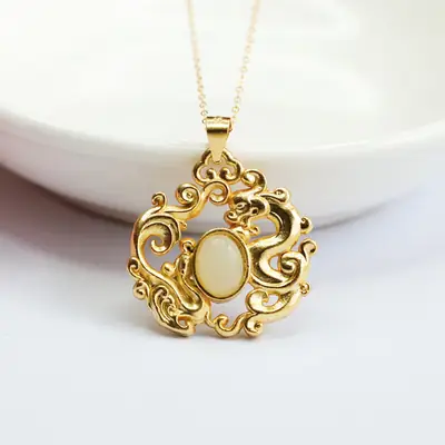 Guan Yu S925 Silver Inlaid Jade Pendant Dragon Phoenix Necklace