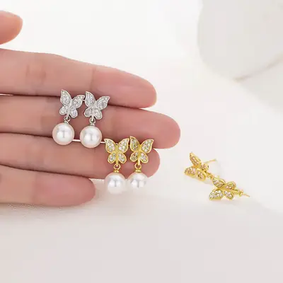 Korean Retro Butterfly Earrings Pearl Silver Gold