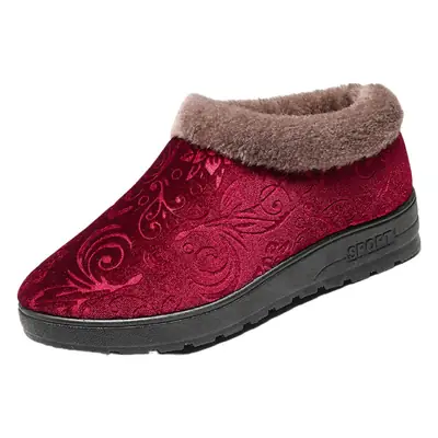 Women's Red Embroidered Winter Slipper Thick Comfortable