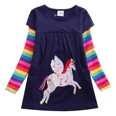 Girl's Unicorn Dot Print Long Sleeve Dress Navy Blue Medium