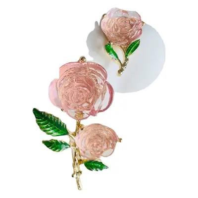 Resin Rose Flower Ear Stud Earrings Silver Needle Green Leaves