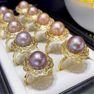 11mm Pink Pearl Rings for Women 18K Gold Injection