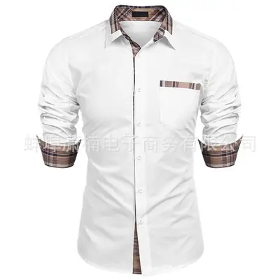 Men Long Sleeve Button Shirt Grey Blue Contrast