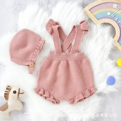 White Lace Baby Strap Romper Set with Hat