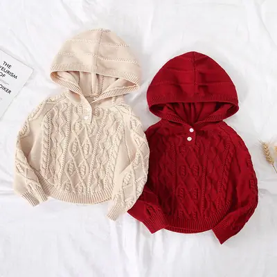Beige Knitted Hooded Pullover for Girls