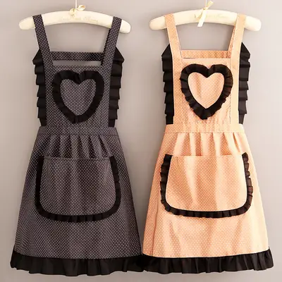 Women's Heart Print Kitchen Apron Black Beige