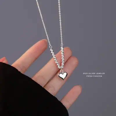 s925 Sterling Silver Transfer Beads Love Pendant Necklace Korean Niche Minimalist Design Texturous Valentine's Day Clavicle Chain