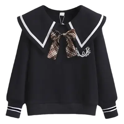 Girls Collar Sweatshirt Black Plaid Bow College Style