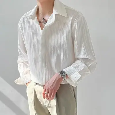 Men's Black Striped Long Sleeve Shirt with Loose Fit