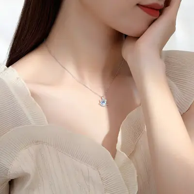 Japanese Cat Pendant Necklace Set Rose Gold Moonstone