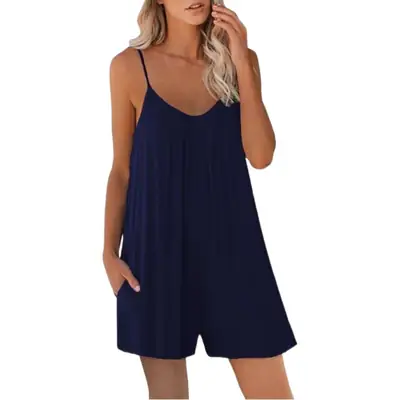 2025 Navy V-Neck Loose Suspender Jumpsuit Pajamas