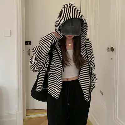 Women Stripe Zipper Jacket 2023 Korean Style