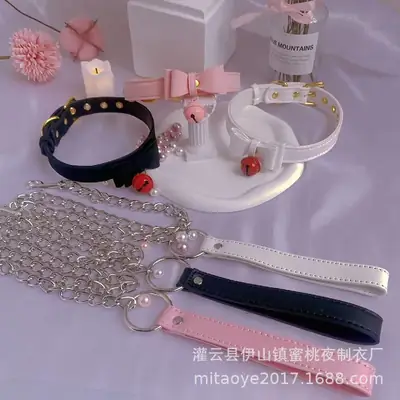 Sexy Bell Collar Traction Chain Bow Leather Neck Ring Dog Chain Maid Traction Chain Rope Bed Flirting