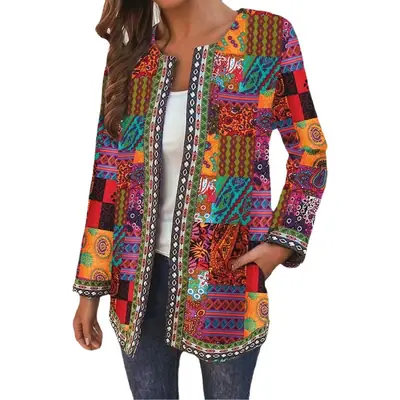 Retro Printed Long Sleeve Cardigan Jacket with Vibrant Colors