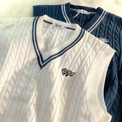 Japanese V-Neck Knitted Vest for Men Blue White