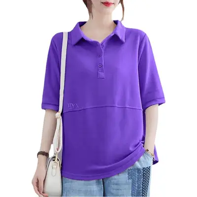 Women Purple Polo T-Shirt 2023 Summer Loose Fit Large