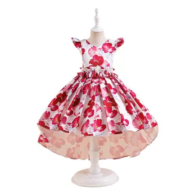 Floral Flying Sleeve Dress for Girls Red White