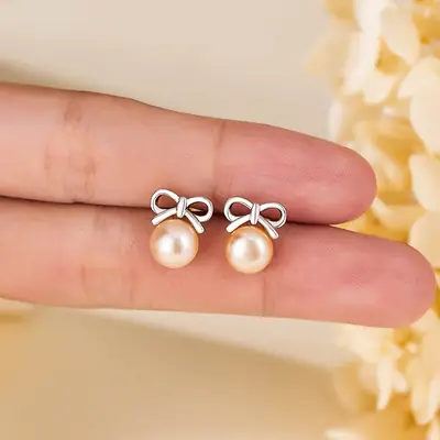 Women's Bow Earrings with Pearl Drop