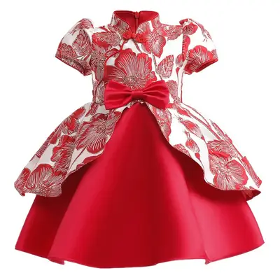Red Embroidered Chinese Style Cheongsam Dress for Girls