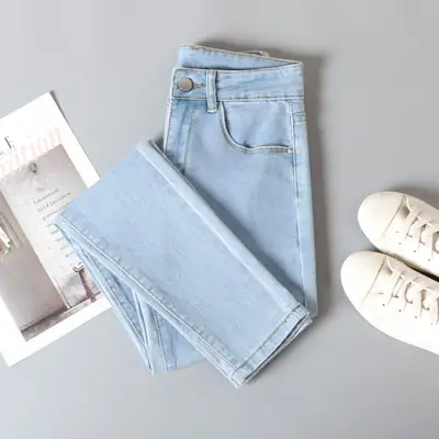 Women Black Stretch Denim Trousers High Waist Ankle Length