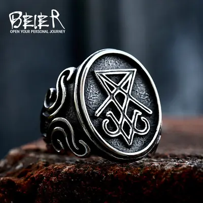 Lucifer Satan Men's Ring Stainless Steel European American Retro Distressed