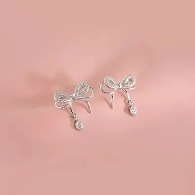 S925 Sterling Silver Bow Zircon Earrings for Women