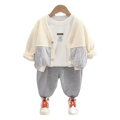 Boys' Cream Striped Cardigan Set with Grey Pants