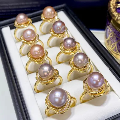 18K Gold Pearl Rings Pink Purple Large 10mm