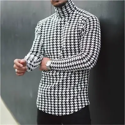 Men's Blue White Houndstooth Slim Fit Pullover Shirt