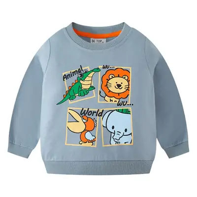 2025 Kids Cartoon Lion Sweatshirt Set Blue Grey Cotton