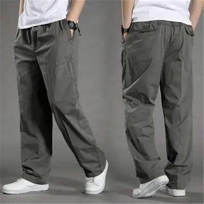 Men Cotton Casual Pants Large Loose Waist Straight Fit