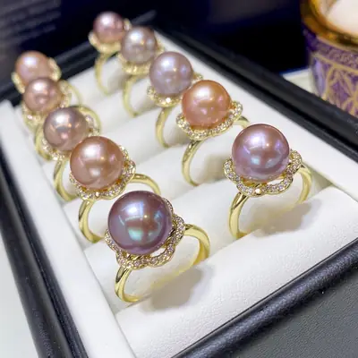 18K Gold Pearl Rings Pink Purple Large Round Beads
