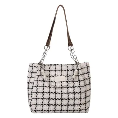 2025 New Simple Plaid Handbag Chain Decor Large Capacity European Women's Shoulder Tote