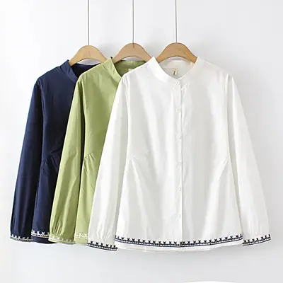 Women Embroidered Cotton Long Sleeve Shirt White 2022