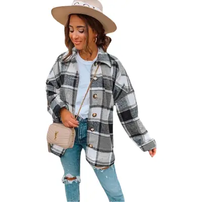 Women Plaid Long Sleeve Jacket Green Blue Mid Length