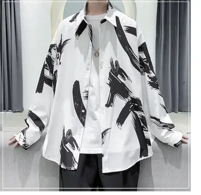 Long Sleeve Thin Ice Silk Men Shirt Black White Graphic