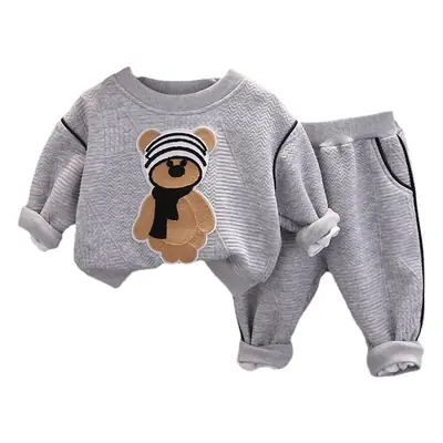 Korean New Kids Autumn Suit Gray Cartoon Bear Sweatshirt Pants