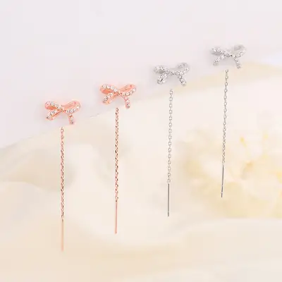 Pink Bow Long Tassel Earrings for Women