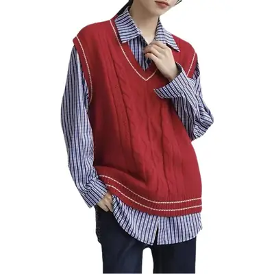 Women Loose V-Neck Knitted Vest Navy White