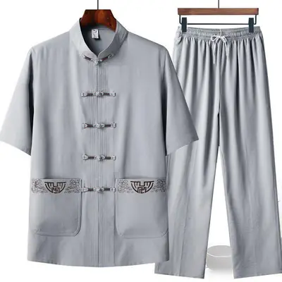 Men's Grey Embroidered Tang Suit Ice Silk Summer