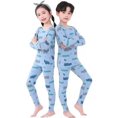Children's Cartoon Print Pajama Set Blue Grey Kids Winter Sandal Pants