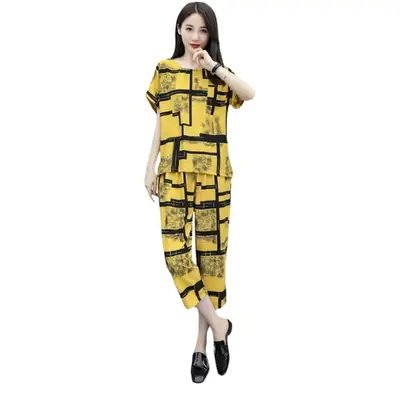 Women's Chubby Fit Loose Capri Suit Brown Geometric Print