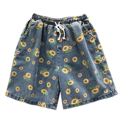 Men's Blue Sunflower Denim Shorts Summer Casual