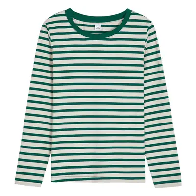 Women Long Sleeve Striped T-Shirt Green White