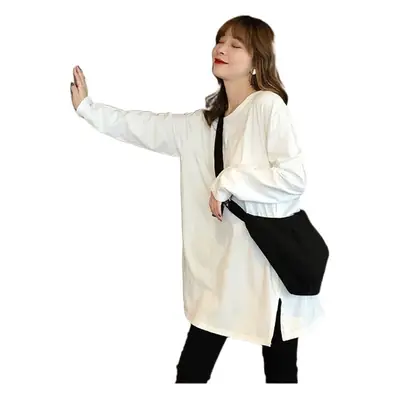 Women's White Long Sleeve T-Shirt Mid-Long Loose Fit